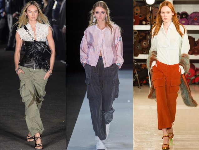 Cargo pants on the Spring 2018 runways at Alexander Wang Spring 2018, Emporio Armani Spring 2018, Sies Marjan Spring 201