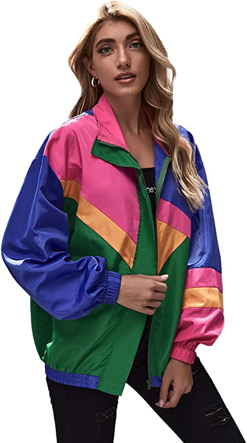 SweatyRocks Women's Zip Up Color Block Lightweight Jacket Patchwork Sport Windbreaker